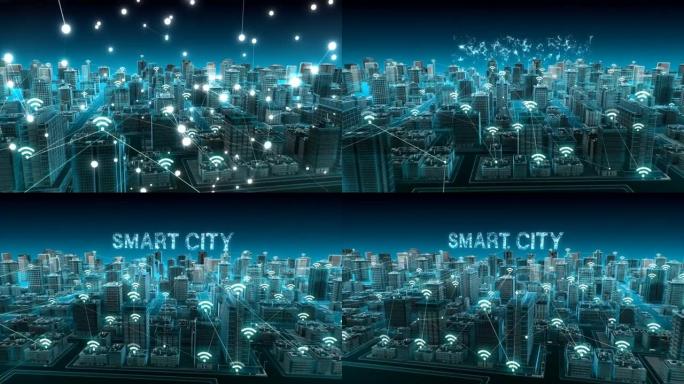 智能城市上的无线智能传感器图标，连接 “智能城市” 物联网。4k。