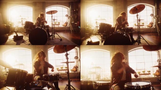富有表现力的鼓手女孩在充满灯光的阁楼音乐排练室打鼓。摇滚乐队音乐艺术家学习新鼓独奏。放大镜头。