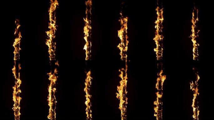 黑色背景上的慢动作拍摄: 三根垂直木棍在火焰中燃烧。火势缓慢蔓延。特殊效果、视觉效果、后期制作、动画
