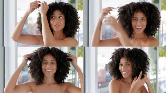 黑人女性，自然的头发和美丽，同时准备好并在家庭浴室中对头发护理，生长和非洲卷曲感到高兴。在早晨的自我