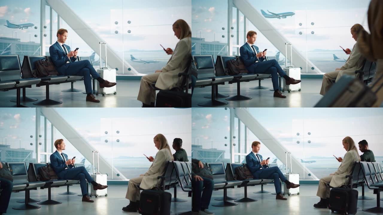 机场航站楼: 商人使用智能手机，等待航班，进行电子商务，发送电子商务电子邮件。坐在航空枢纽的登机休息
