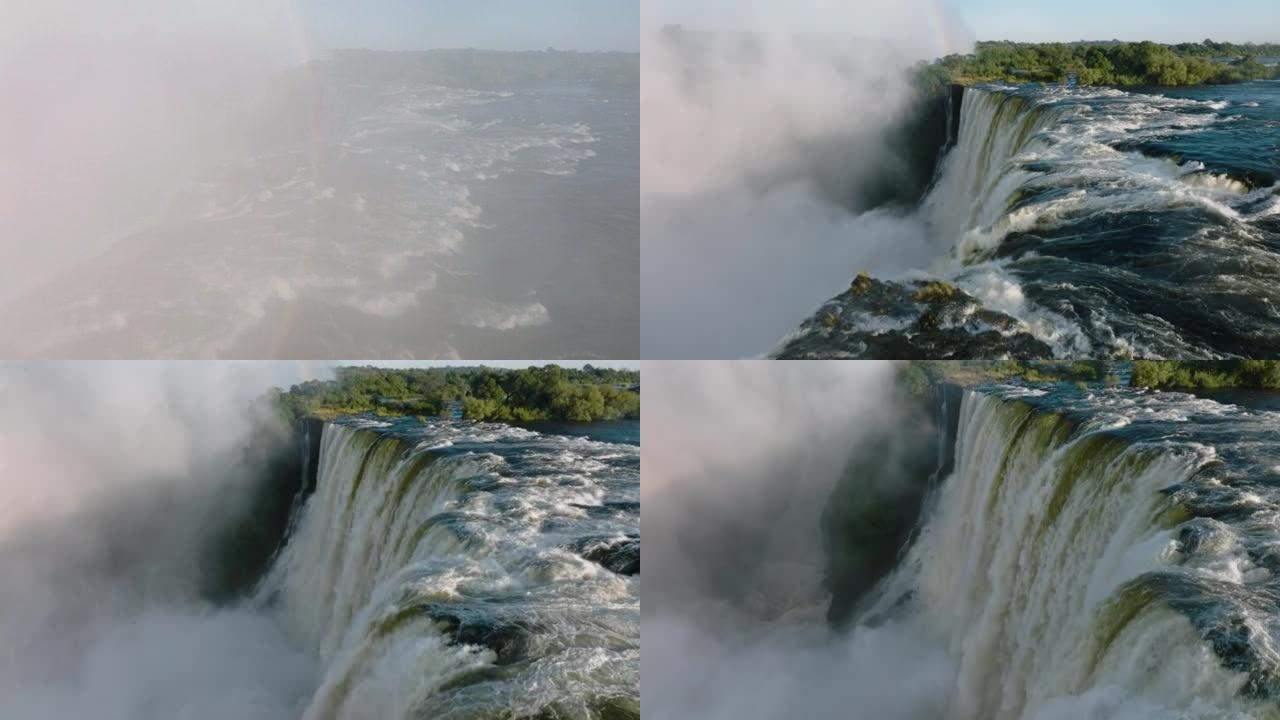 风景秀丽的维多利亚瀑布边缘涌水的壮观空中特写侧视图。联合国教科文组织世界遗产