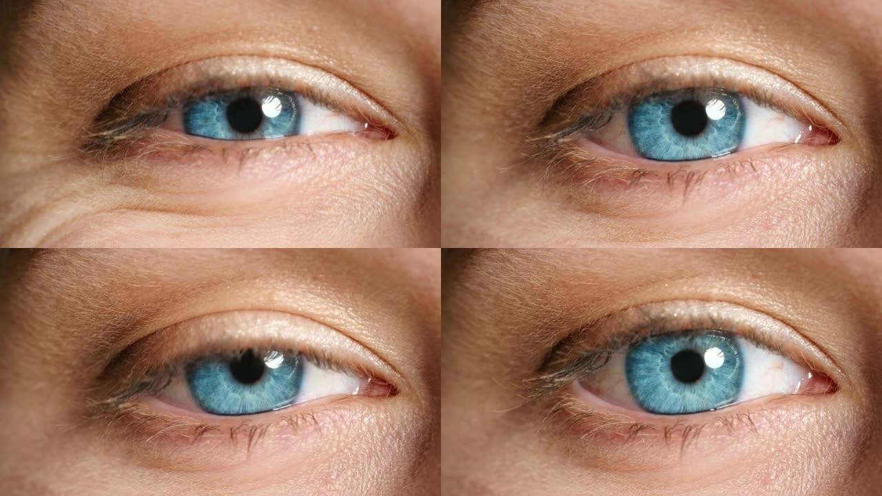 为验光，健康和保健而眨眼的妇女的蓝眼睛，视力和视力。微笑线，意识或用微距凝视，缩放或人体虹膜解剖结构
