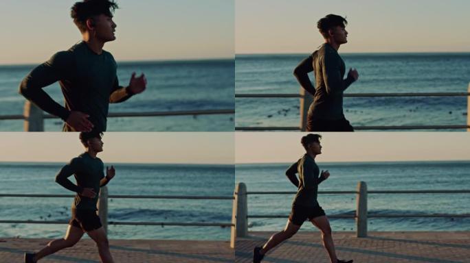 海洋，天空和人为健身健康目标而奔跑，户外有氧运动或马拉松模型训练。海水模拟，运动和跑步者听音乐，音频