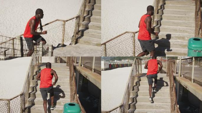 非裔美国男子跑上楼梯，在海边户外锻炼