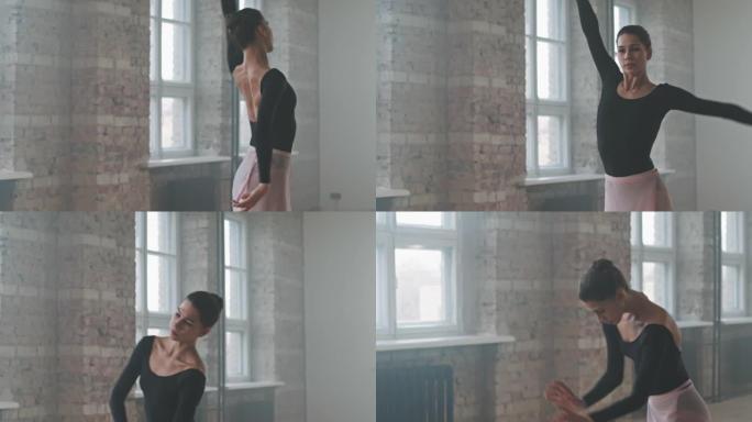 性感的芭蕾舞演员在芭蕾舞工作室独自跳舞