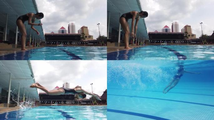 亚洲华裔年轻女运动员潜入水中