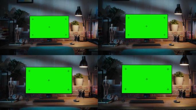 放大现代个人电脑显示器，色度键绿屏显示站在舒适的家庭办公室的桌子上。客厅由室内设计师创造，品味和风格