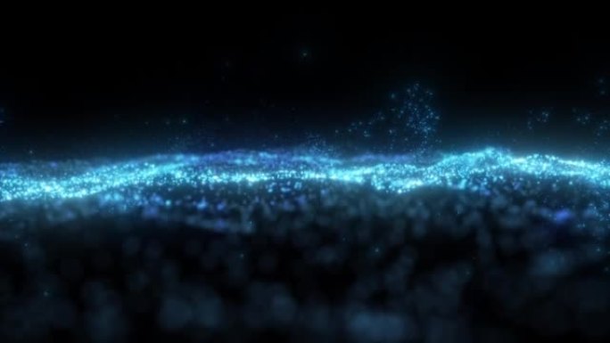 黑色背景下的数字蓝色霓虹灯粒子波的4k视频片段