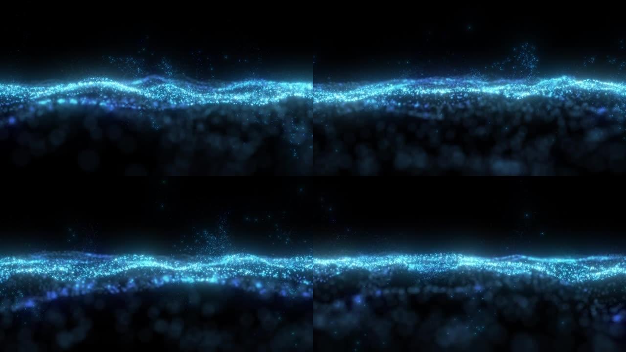 黑色背景下的数字蓝色霓虹灯粒子波的4k视频片段