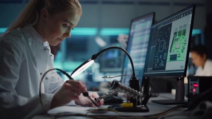 现代电子研发设施: 美丽的高加索女工程师做电脑主板焊接。科学家设计工业PCB、硅微芯片、半导体