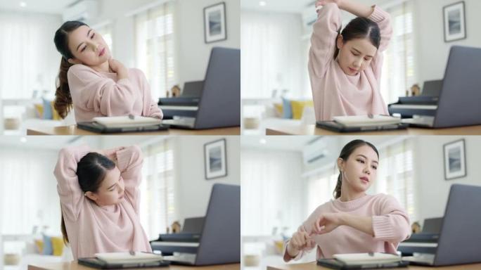 迷人美丽的年轻亚洲女性感到疲惫过度劳累负面影响健康生活伸展休息时间放松压力缓解概念问题在家远程工作或