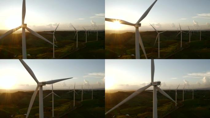 日落时鸟瞰图可再生能源风力涡轮机农场