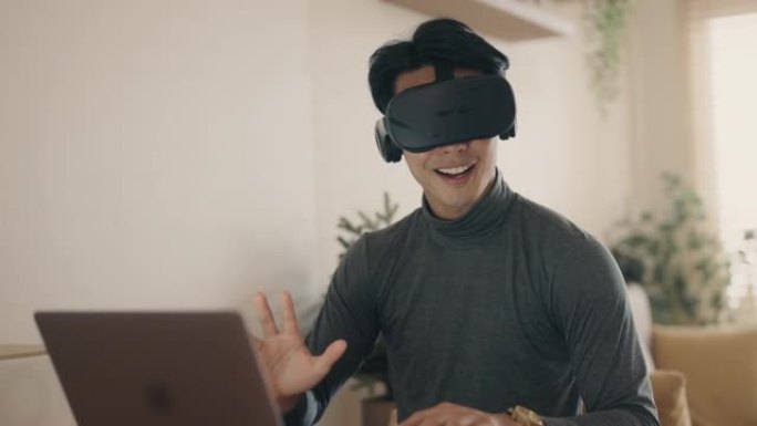 拥有VR耳机的年轻人探索虚拟现实