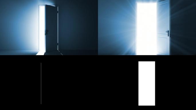 门打开到明亮的灯光。摄像机向灯光移动。从黑暗到光明的概念。带阿尔法通道的3d动画。