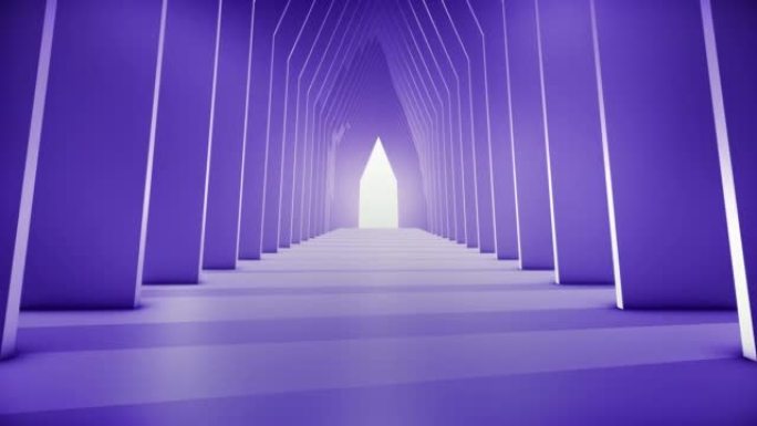在慢动作中穿越未来主义隧道 (可循环) 抽象3D动画。照明走廊的概念，室内设计，宇宙飞船，科学，技术