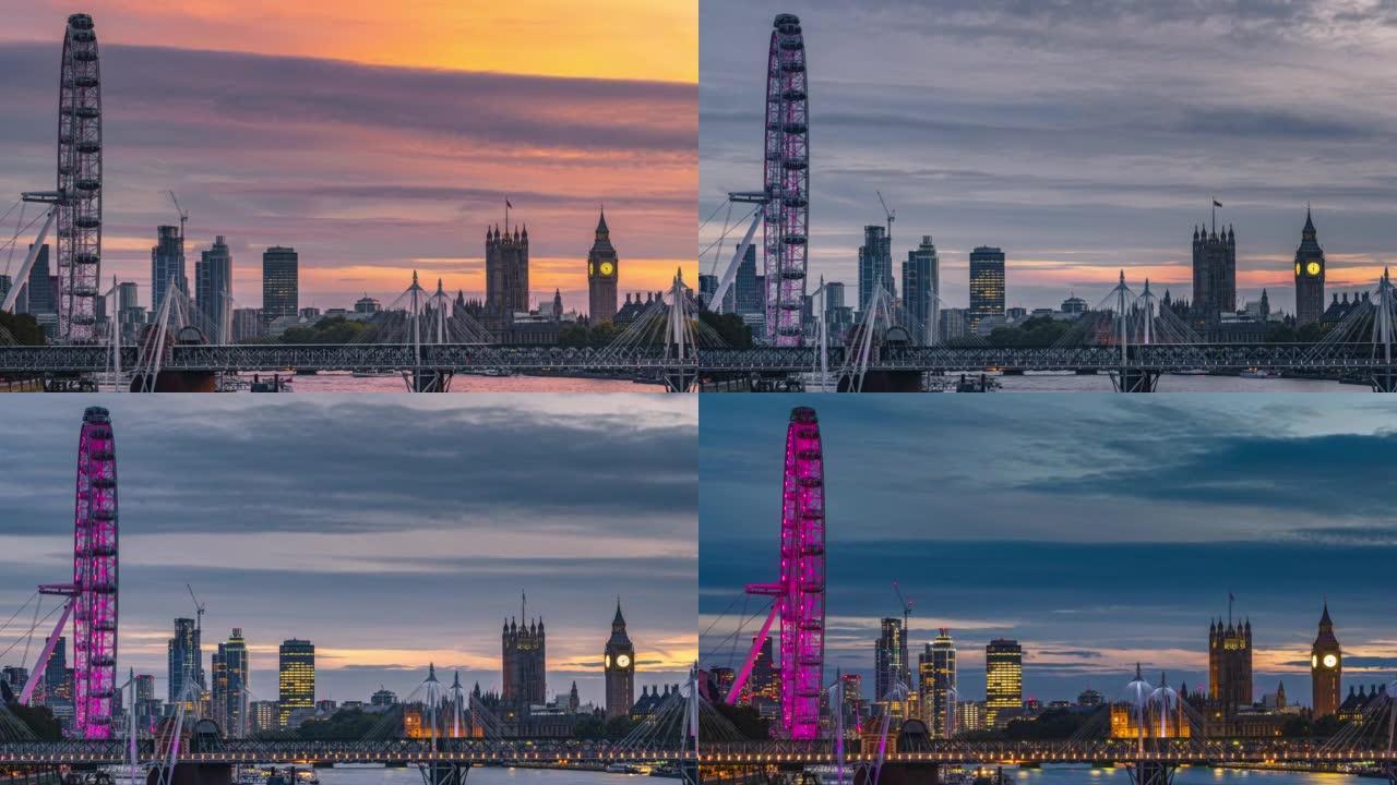 从白天到夜晚的大本钟景观，议会大厦和伦敦眼
