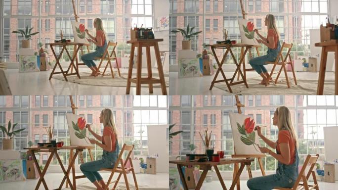 一位富有创造力的女艺术家在艺术工作室的花朵画布上画了一幅画。一位专业画家使用画笔和调色板来创建彩色红