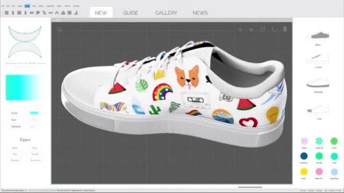 运动鞋3D设计编辑软件模拟动画与时尚鞋正在生成。具有多个设置窗口的深灰色界面。计算机显示器和笔记本电