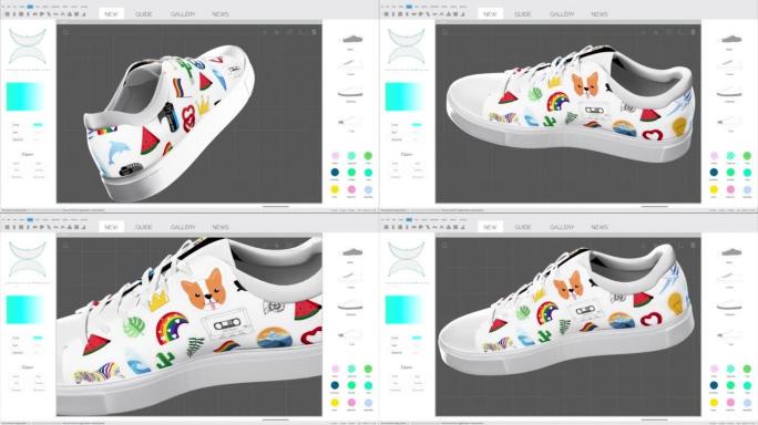 运动鞋3D设计编辑软件模拟动画与时尚鞋正在生成。具有多个设置窗口的深灰色界面。计算机显示器和笔记本电