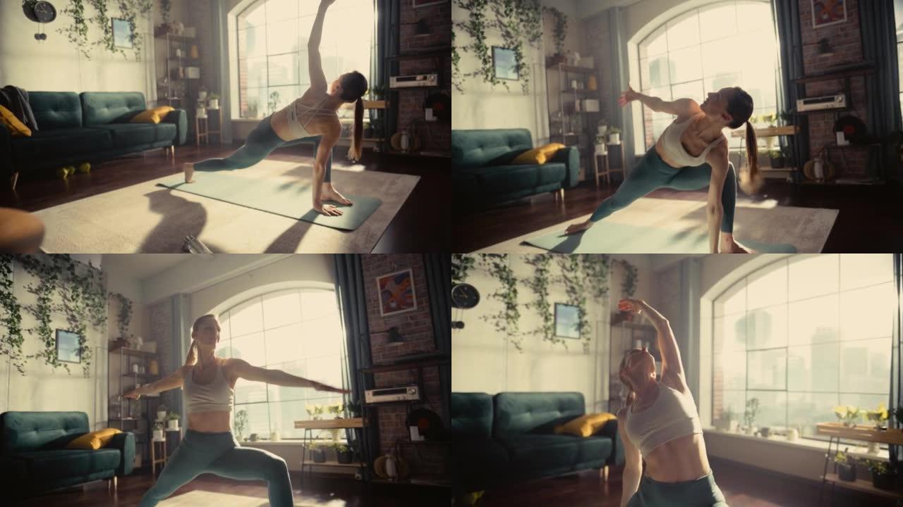 手持照片，一个年轻的运动女子早晨在她阳光明媚的家庭客厅锻炼，伸展和练习瑜伽。健康的生活方式、健身、幸