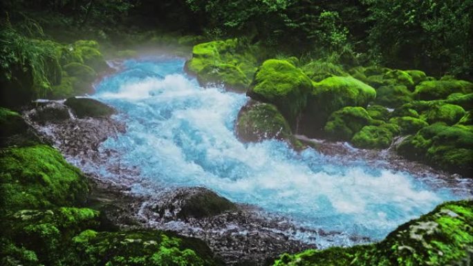 寒冷的日子里，SLO MO溪流流过森林中的岩石