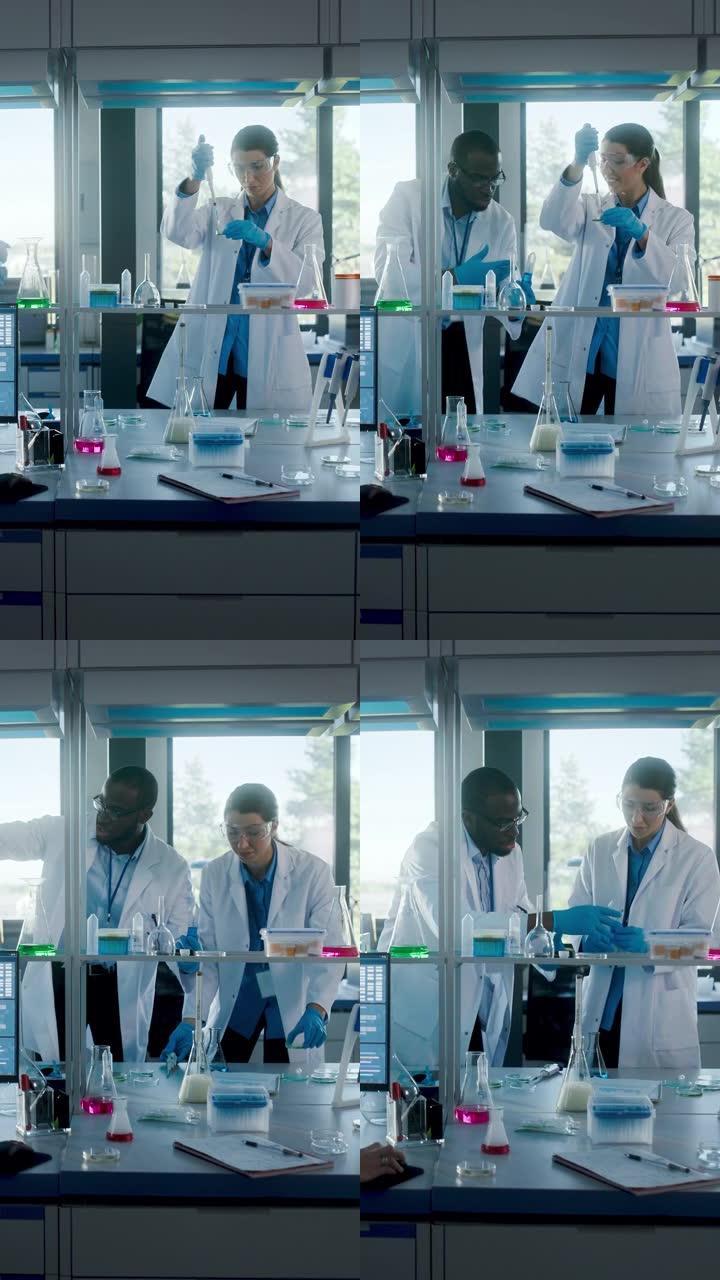 垂直视频: 穿着白大褂的美丽女医学家在检查样品时使用微量移液器，与同事交谈。创新、实验药物研究、实验