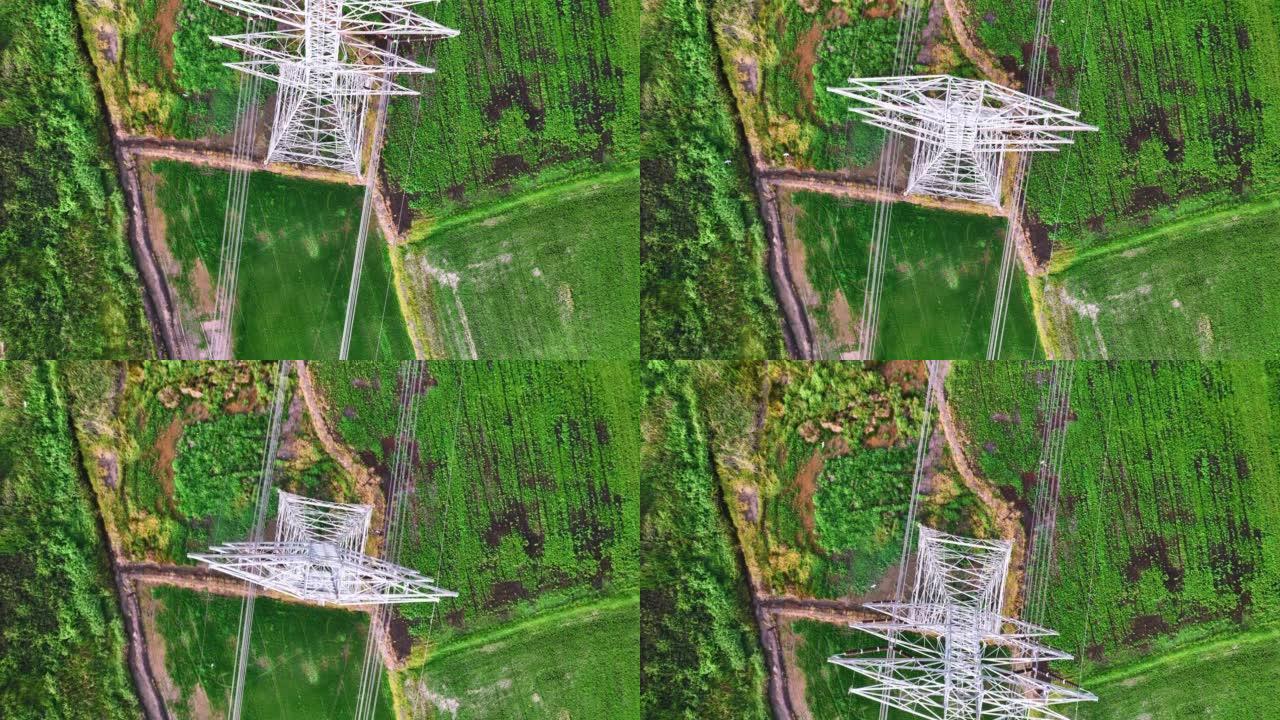 电力线电力塔架山地乡村侧空中视图