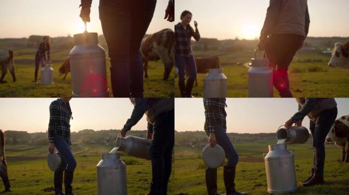 SLO MO从当地农民那里购买牛奶的概念镜头