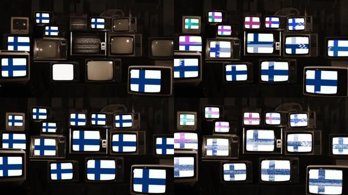 老式电视上的芬兰国旗。