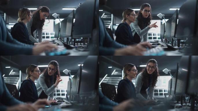 两名美女在网络安全软件开发部门工作的电影镜头。年轻经理在人工智能安全项目上更新软件开发人员