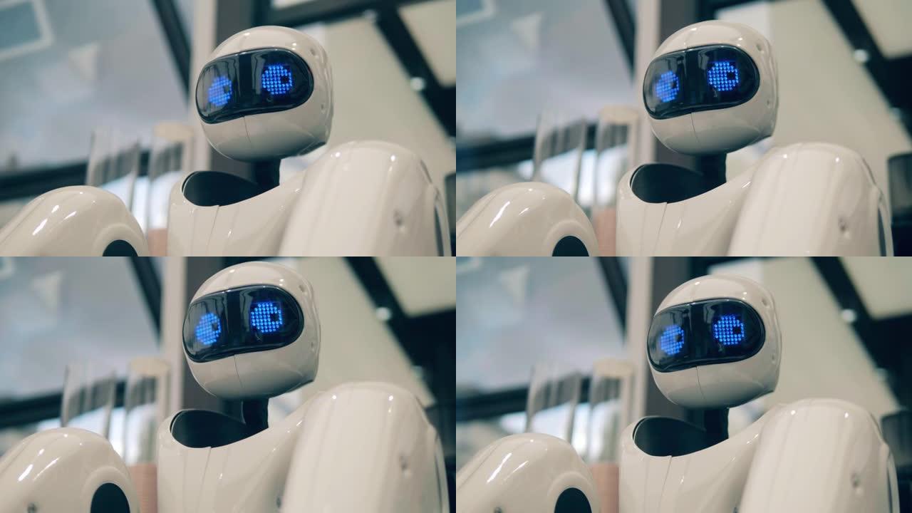 Droid正在使用特殊的机器来煮咖啡。未来派机器人，创新科技理念。