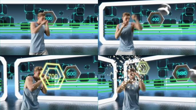 虚拟现实影子拳击手视频游戏。在Metaverse Fit中，高加索人与人工智能，得分，虚拟训练，健身