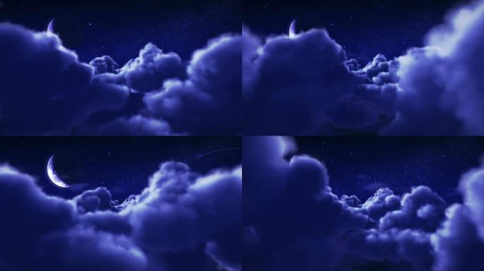 晚上飞过云层。新月。可循环。