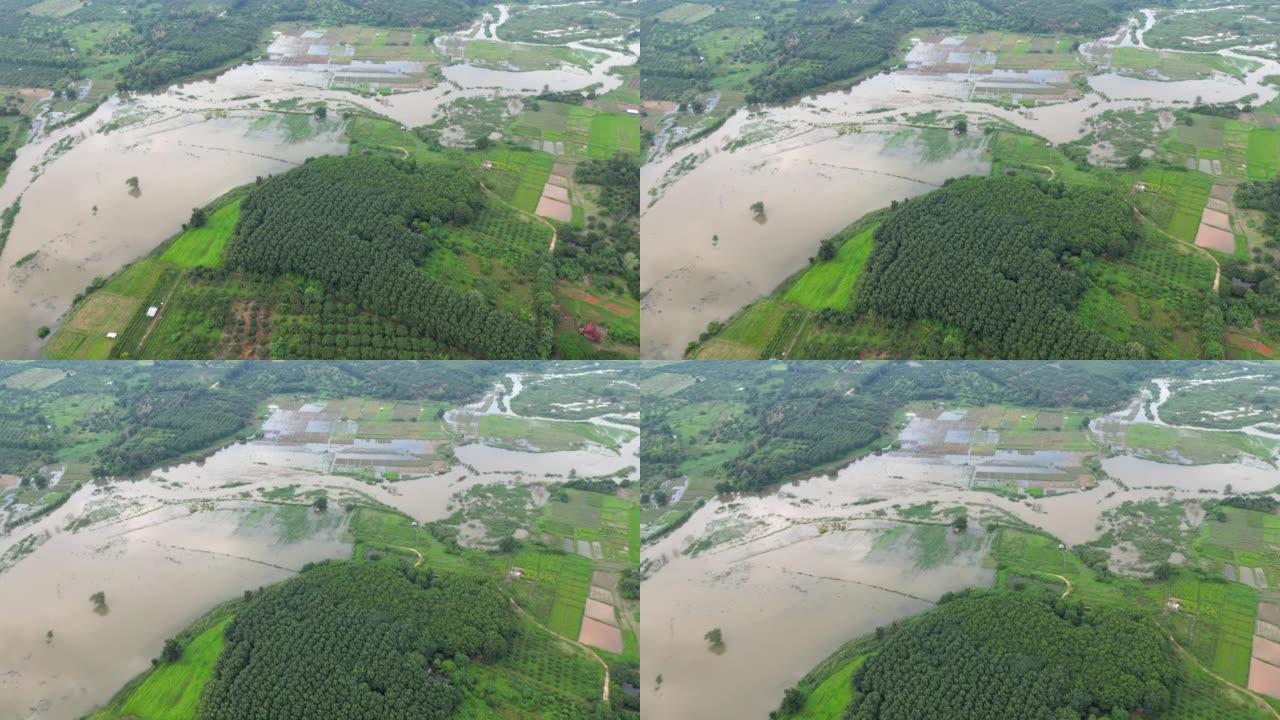 泰国北部被洪水淹没的农业农场上方的鸟瞰图
