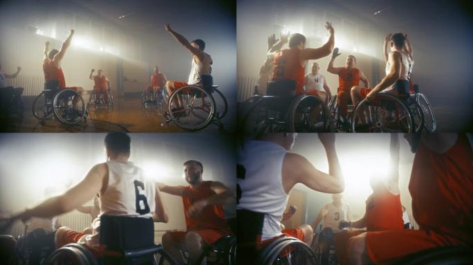 轮椅篮球比赛场地获胜队庆祝胜利，欢呼和击掌。玩家比赛，射击，得分得分。残疾人的决心、技能。手持多莉镜