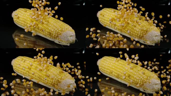 宏观: 爆米花粒散落在一个闪亮的柜台上的玉米芯上。