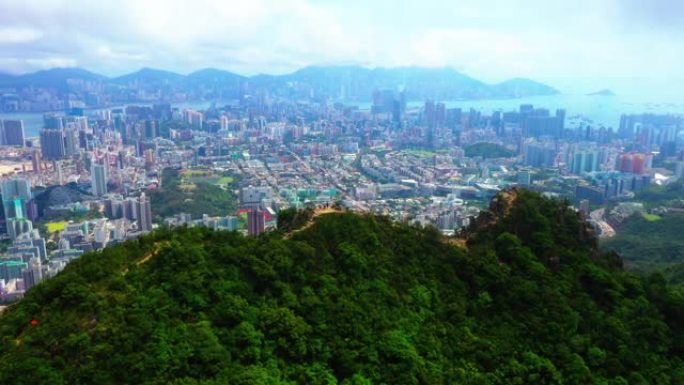 香港狮子山与城市的无人机景观