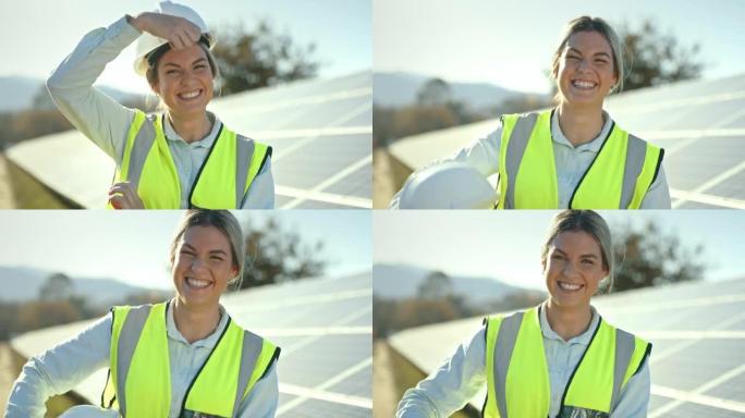 工程，太阳能电池板和行业经理的肖像，对可持续领域进行检查。清洁能源、农业和工业员工在户外农场使用生态