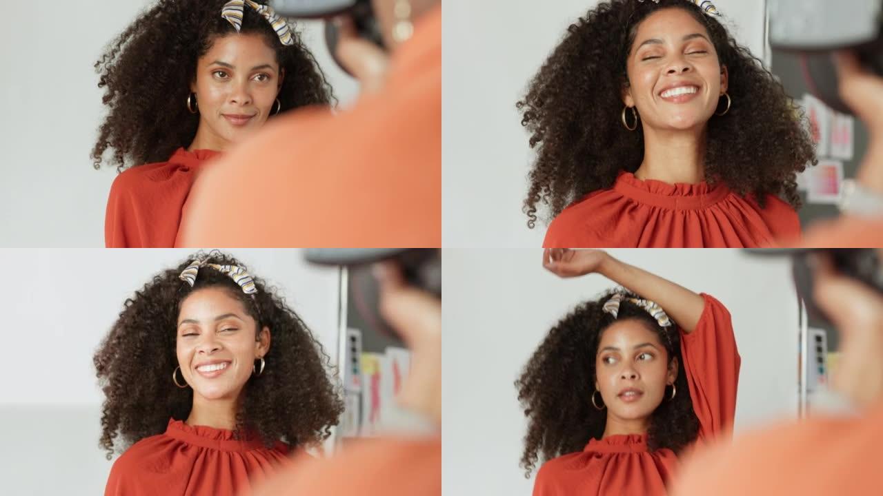 摄影，女孩模特和摄影师用相机为时尚杂志拍摄黑人女性的工作室照片。美容摄影，z世代和快乐的巴西人为衣服