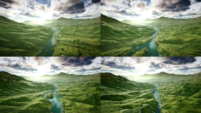 一个美丽的自然景观的三维可视化。相机飞过河床上，河床上有树。在远处，地平线上可以看到美丽的山脉。风景