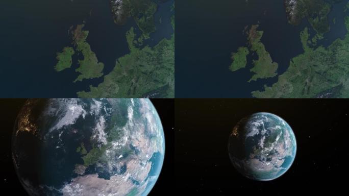 英国地图，通过4k照片真实的动画地球仪放大到空间，全景包括亚洲，非洲和欧洲。史诗旋转世界动画，现实地