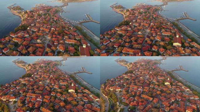 保加利亚内塞巴尔老城鸟瞰图。内塞巴尔镇的红色瓷砖屋顶。城市所在岛屿被黑海水域冲刷