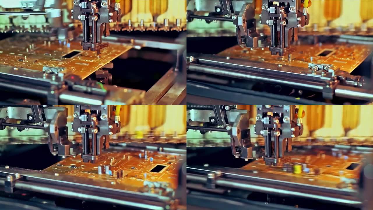 自动化机器将电子元件安装到印刷电路板上。特写。4k分辨率。