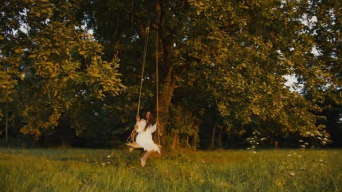 慢动作，手持镜头，一名穿着白色连衣裙的年轻成年女性摇摆，坐在悬挂在阳光充足的草地上的大树枝上的绳索秋