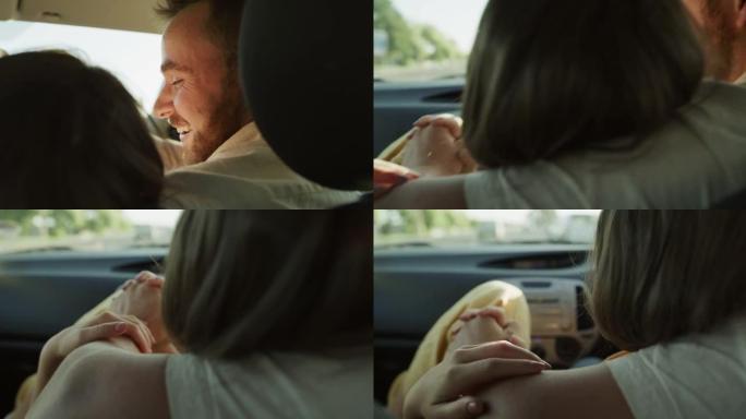 一对夫妇在路上开车时表现出感情的4k视频片段