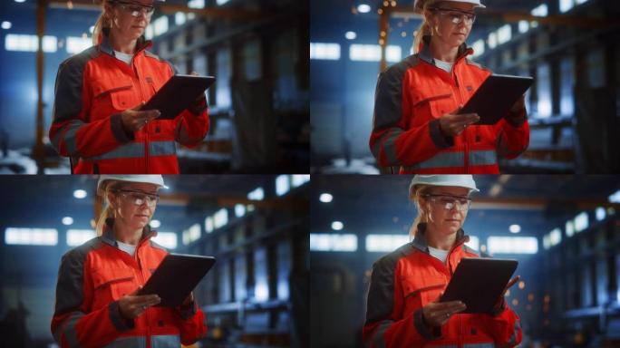 专业重工业工程师/穿着安全制服和安全帽的工人使用平板电脑。严重成功的女性工业专家站在金属建筑制造中。
