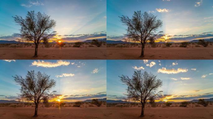 非洲纳米比亚田园诗般的沙漠景观上的WS时间流逝日落云