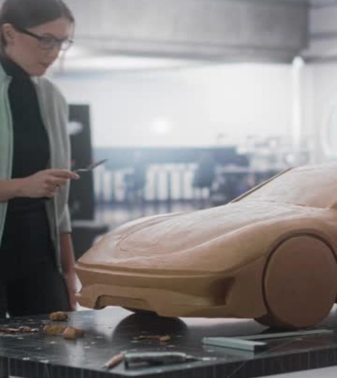 垂直屏幕: 女性汽车设计师使用刮铲用模型粘土创建原型车。专注的建模师在车辆生产工厂的研发工作室工作