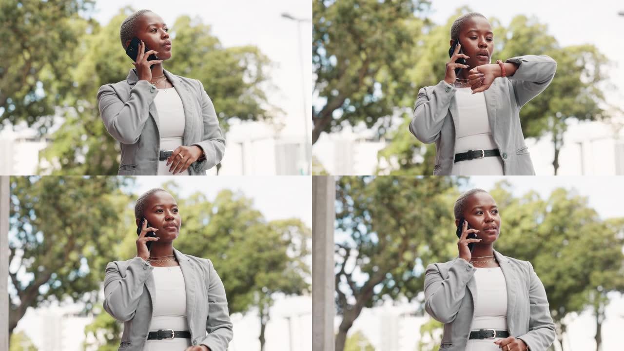 黑女人，打电话和查看时间户外5g联网，在线交流和手机通话。非洲妇女，在智能手机和创意设计师的演讲中等